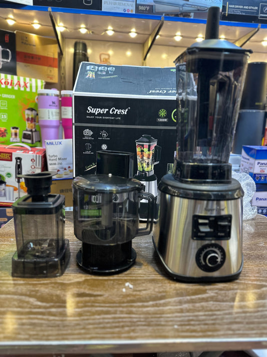 Blenders on a store shelf with a Super Crest coffee maker in the background.