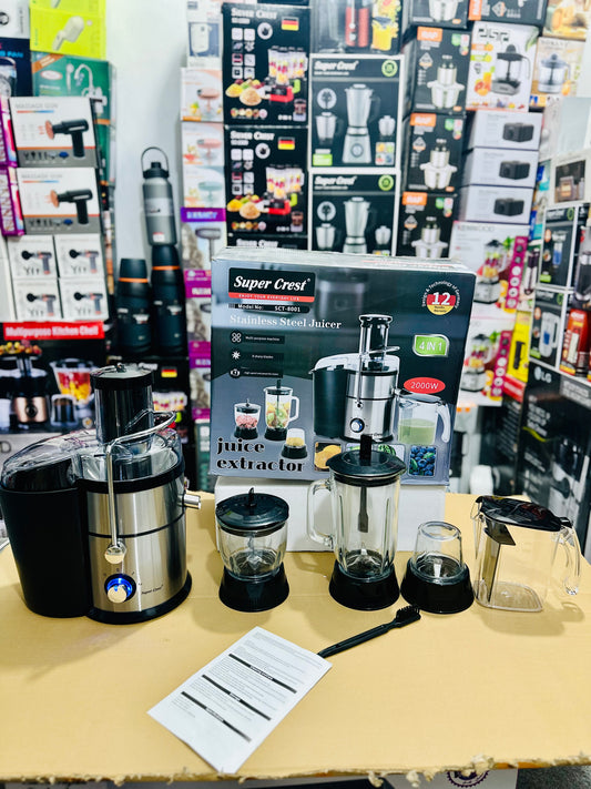 Super Crest 4-in-1 Stainless Steel Juice Extractor 2000W – Model SCT-8001 | 8 Sharp Blades | Multi-Purpose Juicer Blender & Grinder | German Design