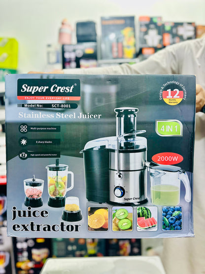 Super Crest 4-in-1 Stainless Steel Juice Extractor 2000W – Model SCT-8001 | 8 Sharp Blades | Multi-Purpose Juicer Blender & Grinder | German Design