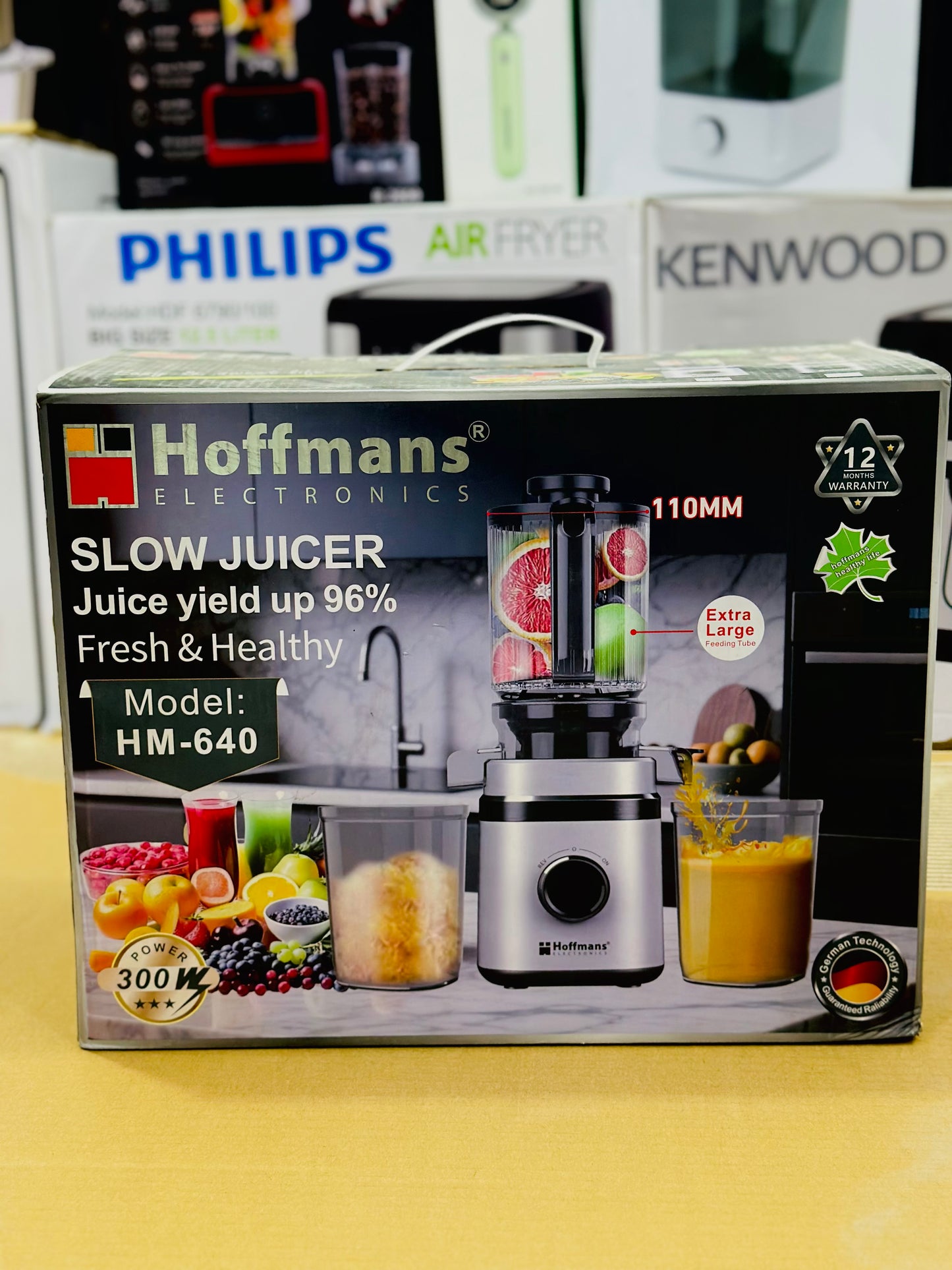 Hoffmans Electronics Slow Juicer 300W – Model HM-640 | 96% Juice Yield | 110MM Extra Large Feeding Tube | Fresh & Healthy Cold Press Juicer
