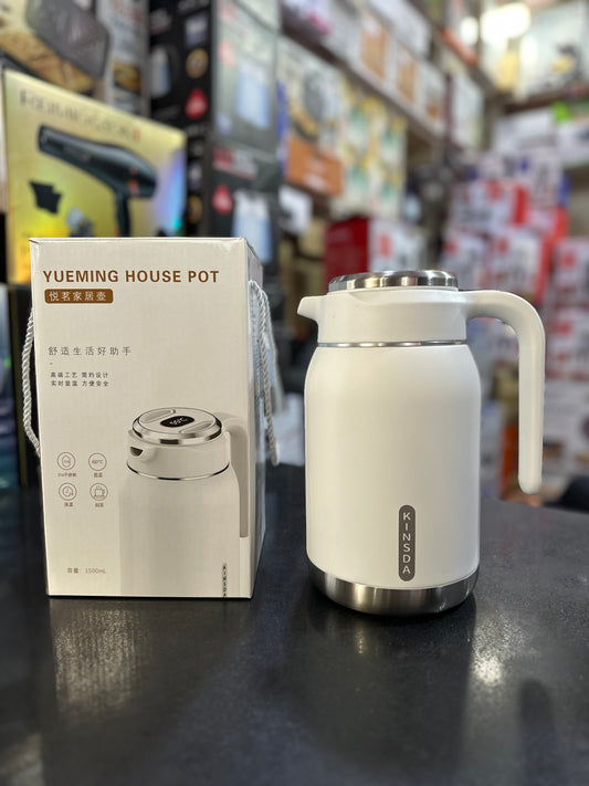KINSDA Yueming House Pot 1500ml Vacuum Flask | 316 Stainless Steel | Smart Temperature Display | 24H Heat Retention | Tea & Coffee Thermal Carafe