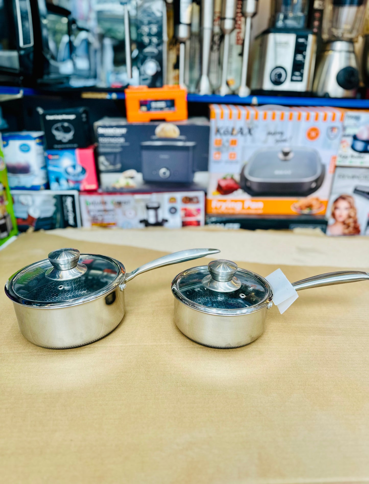 KöLAX 2-Piece Stainless Steel Saucepan Set with Glass Lids – Honeycomb Non-Stick Interior | Induction Ready